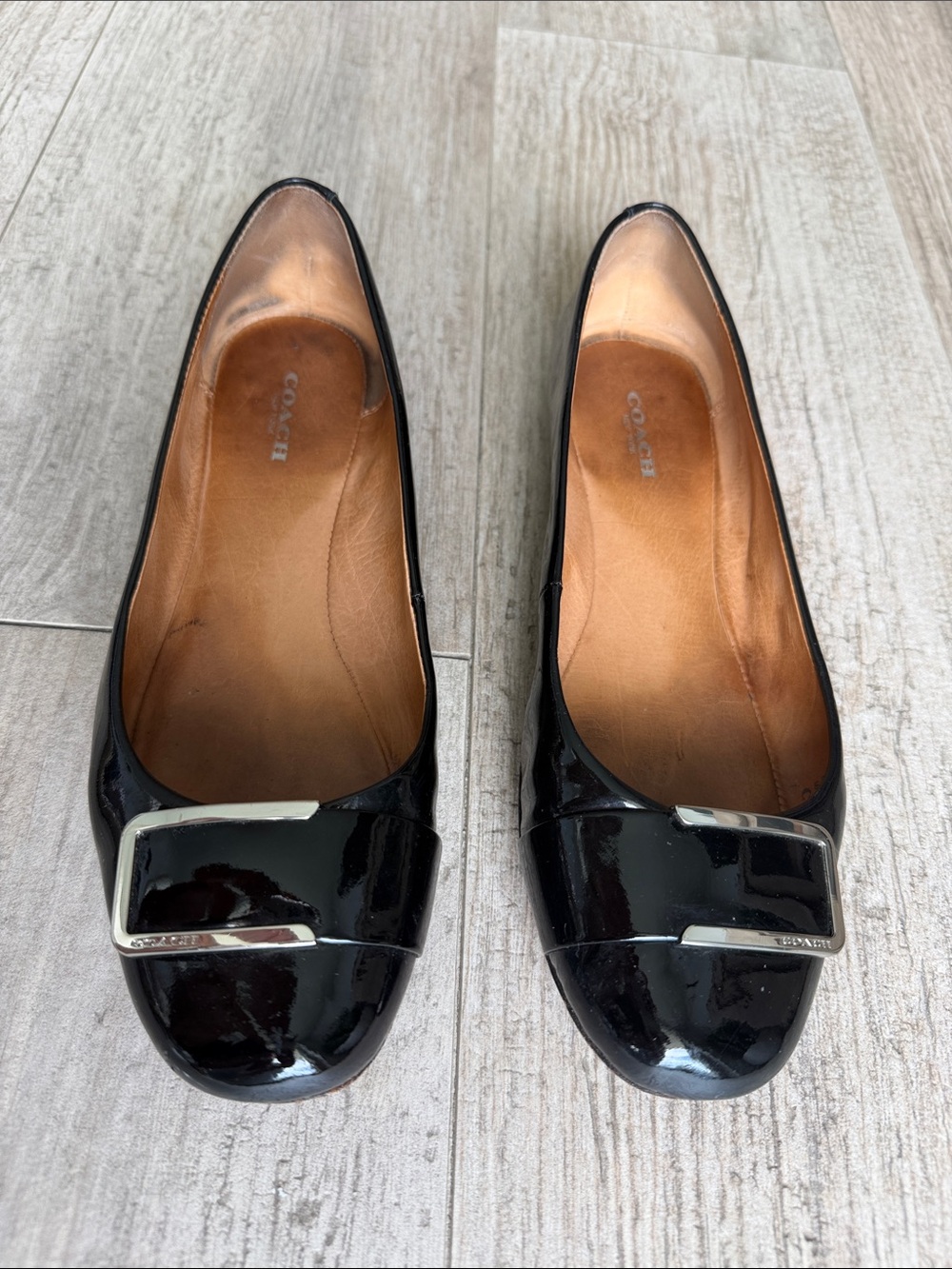 Coach Black Patent Leather Flats with Silver Buckle